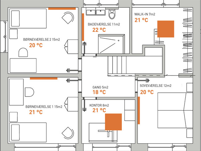 Ein Grundriss vom Obergeschoss mit eingezeichneten Infrarotheizkörpern an Wand und Decke