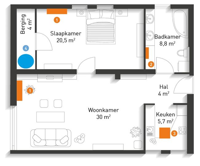 Woning plattegrond elektrische verwarming ETHERMA